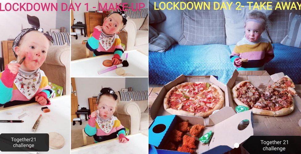 Collage showing Luna doing make up and having a takeaway