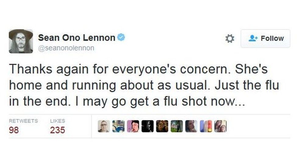 A tweet from Sean Lennon reads: "Thanks again for everyone's concern. She's home and running about as usual. In the end it was just the flu. I may go get a flu shot now.