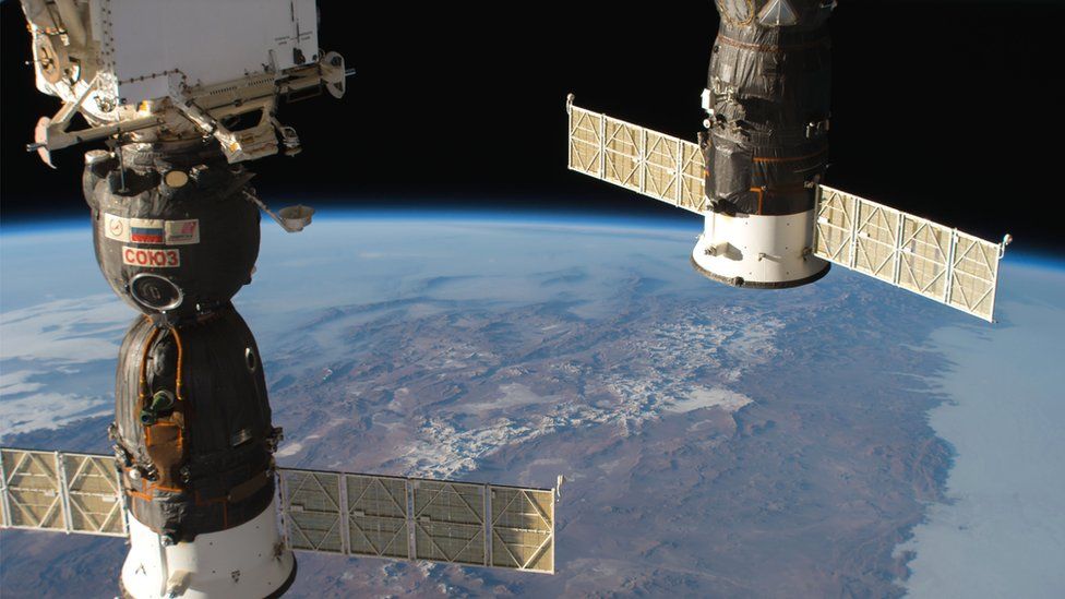 Two docked Russian spacecraft on the International Space Station (ISS), the Soyuz MS-09 crew ship and the Progress 70 resupply ship