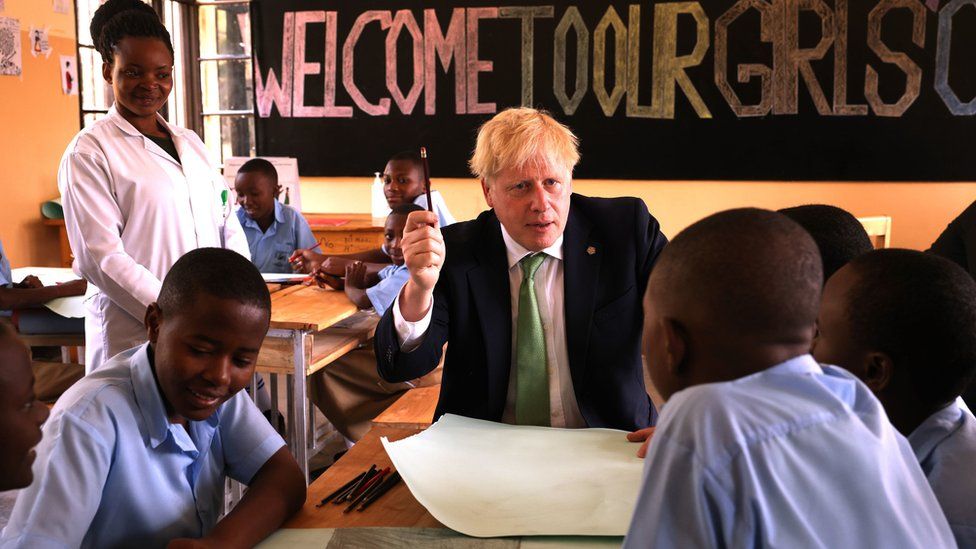 Boris Johnson during a visit to GS Kacyiru II school in Kigali, Rwanda