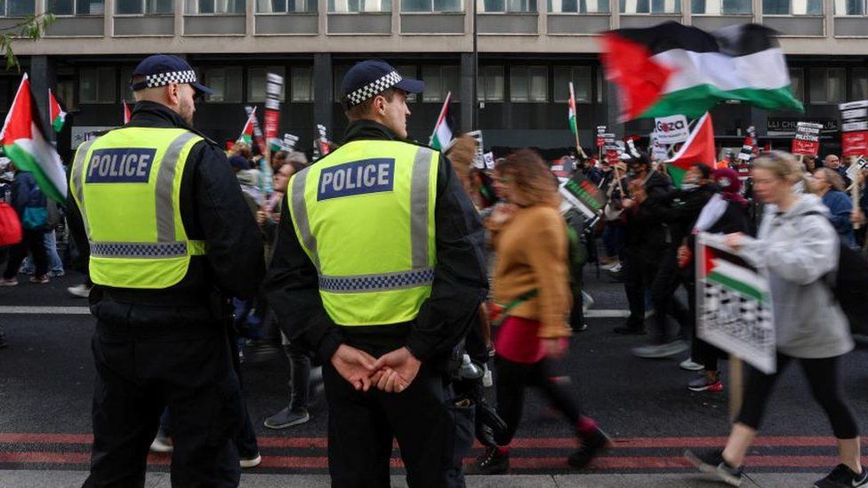 Police at a pro-Palestinian demonstration