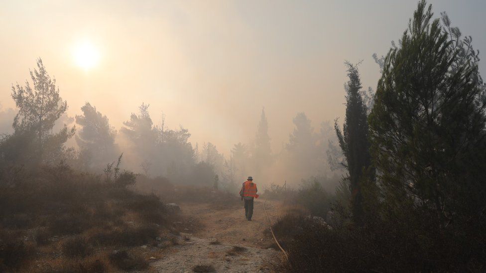 An Israeli firefighter battles a wildfire near Kibbutz Tzuba (16 August 2021)