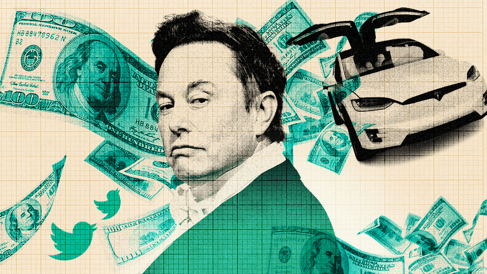 Elon Musk in an illustration with Tesla cars, the Twitter logo, and US dollar notes