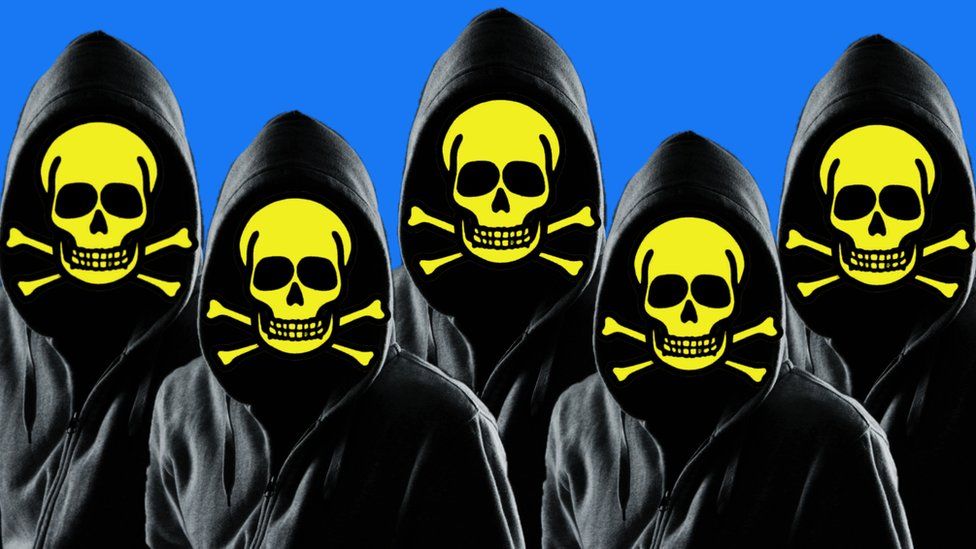 Illustration of suspicious-looking hackers with the symbol of poison on their faces