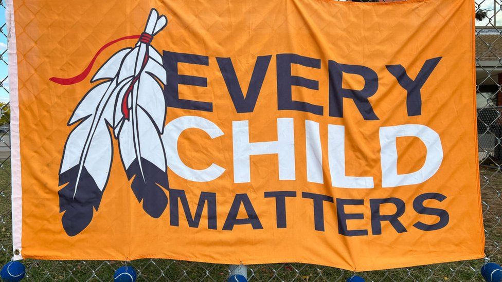 Banner outside a school with the words 'every child matters' as Canadians marked the National Day For Truth And Reconciliation in Toronto, Ontario, Canada