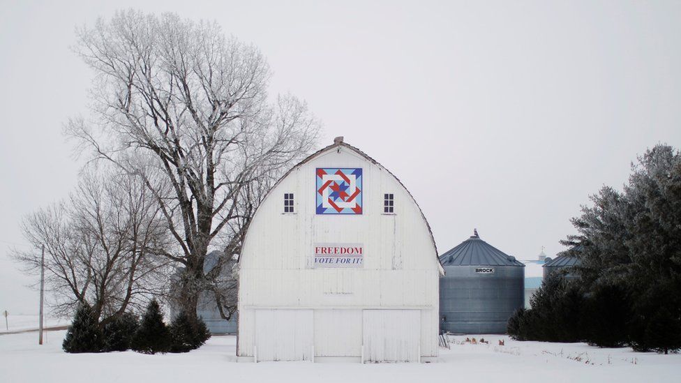 The sign on the side of a barn reads "Freedom. Vote For It" in Cola, Iowa, U.S., January 28, 2020.