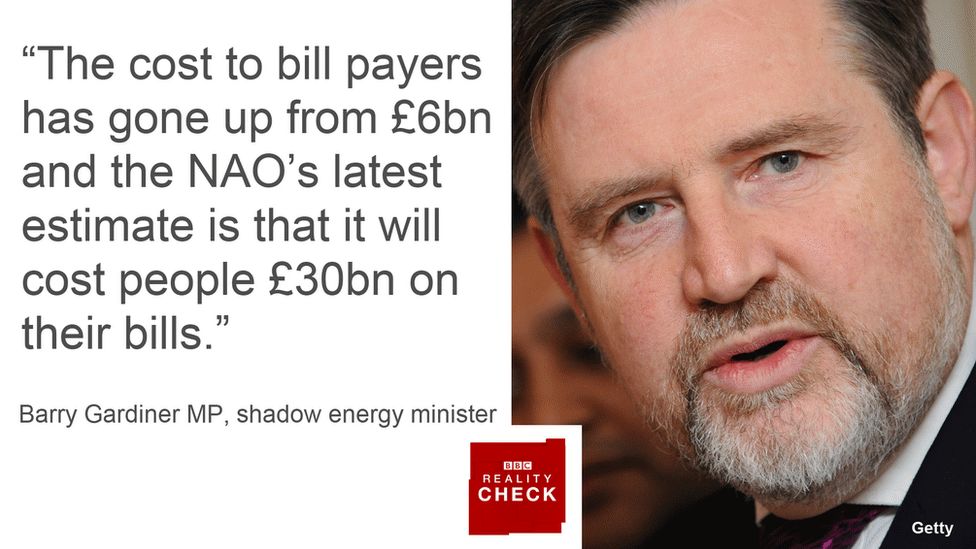 Barry Gardiner saying: The cost to bill payers has gone up from £6bn and the NAO's latest estimate is that it will cost people £30bn on their bills.