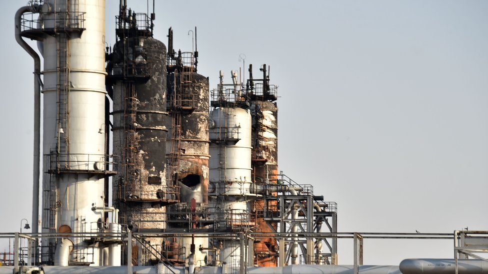 A destroyed oil installation at Saudi Arabia's Abqaiq oil processing plant