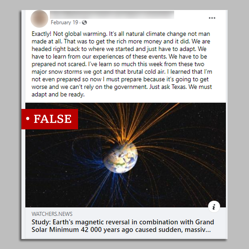 facebook post marked false which says: Exactly! Not global warming. It's all natural climate change not man made at all. That was to get the rich more money and it did. We are headed right back to where we started and just have to adapt. We have to learn from our experiences of these events. We have to be prepared not scared. I've learn so much this week from these two major snow storms we got and that brutal cold air. I learned that I'm not even prepared so now I must prepare because it's going to get worse and we can't rely on the government. Just ask Texas. We must adapt and be ready. The post links to an article about the Grand Solar Minimum