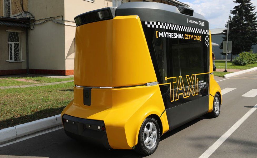 A Matreshka self-driving taxi cab performs a test drive at the first autonomous transport training ground at the Kalibr technopark