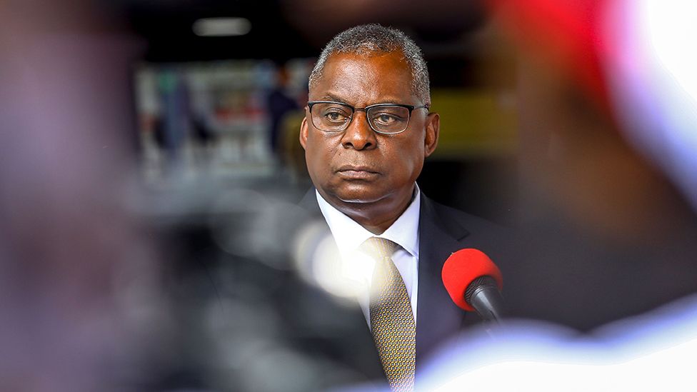 US Secretary of Defense Lloyd Austin dressed in a suit looking away during a press conference in Kenya in September