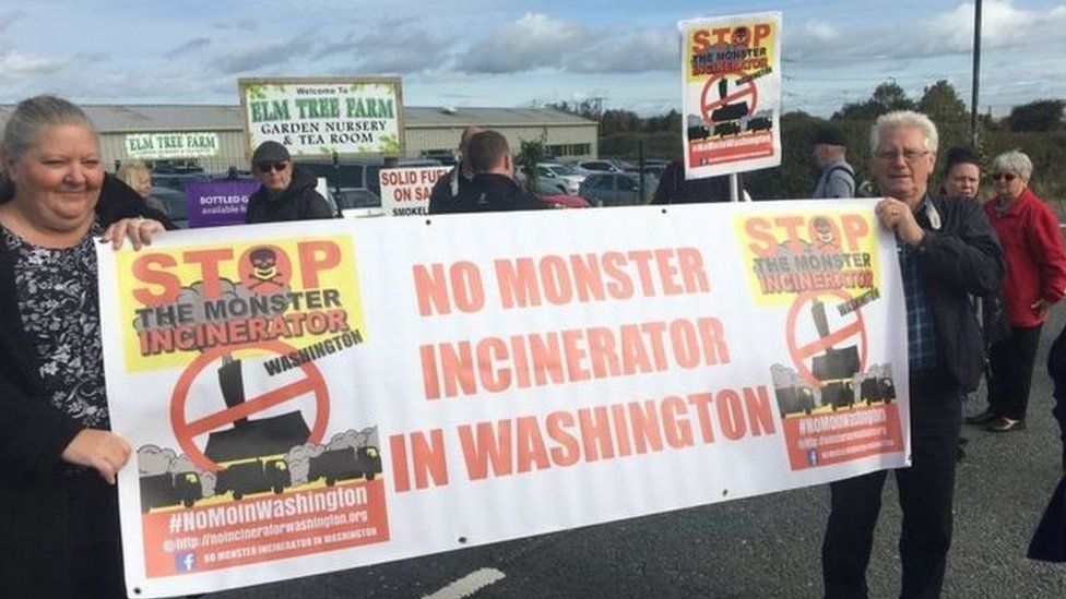 Campaigners against the incinerator with a sign saying 'No Monster Incinerator in Washington'