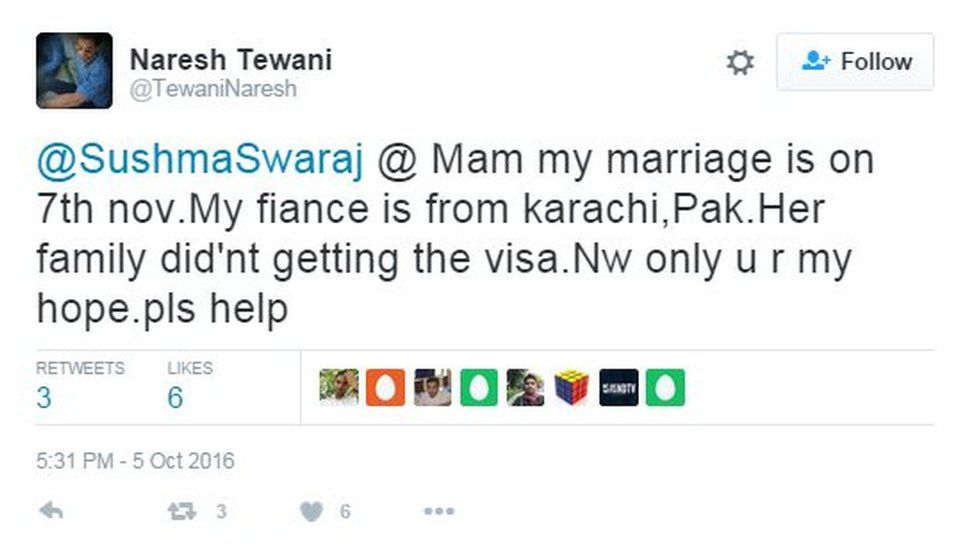 @SushmaSwaraj @ Мама, моя свадьба состоится 7 ноября. Мой жених из Карачи, Пак. Ее семья не получила визу. Теперь только ты, моя надежда. Пожалуйста, помогите