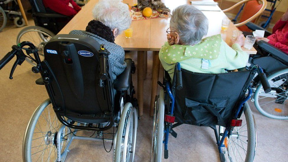 File picture of elderly women in wheelchairs at a nursing home in Frankfurt Oder, eastern Germany