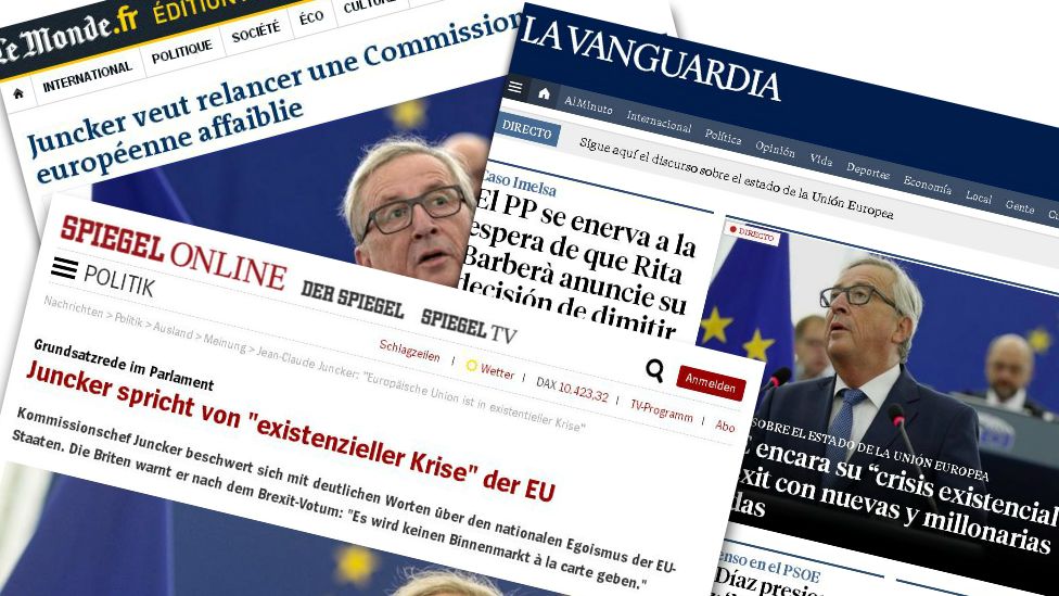 A composite image shows European newspaper's online front pages on Jean-Claude Juncker's state-of-the-union address on 14 September 2016.