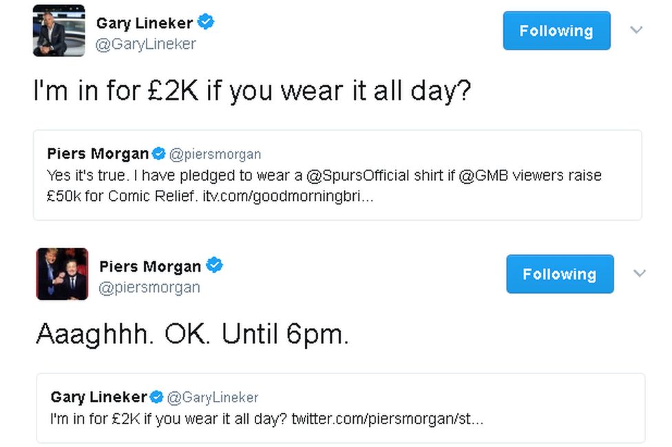 Piers Morgan on Twitter agreeing to Gary Lineker's request to wear a Spurs shirt all day