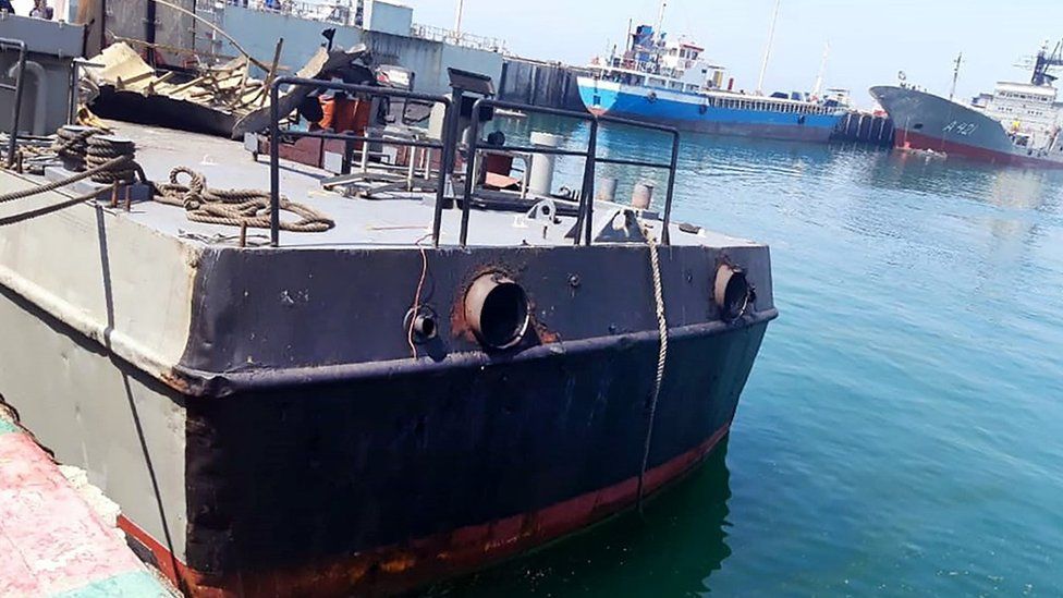 Photo from the Iranian military's website showing the damaged naval vessel Konarak at port on 11 May 2020