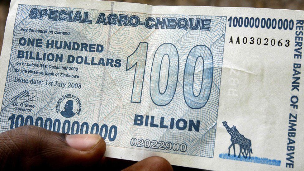 Zimbabwe's 100 billion dollar note in 2008.