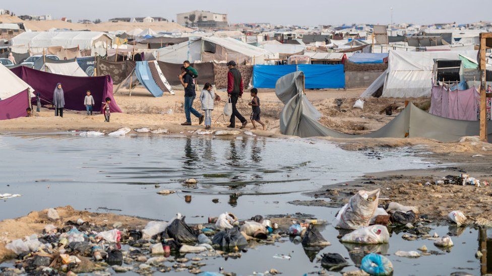 Palestinians taking refuge and living in tents due to ongoing Israeli attacks in Gaza