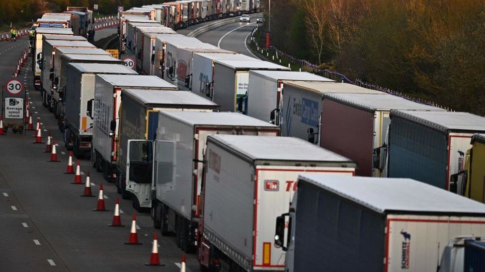 Queue of lorries heading towards Dover on 8 April 2022
