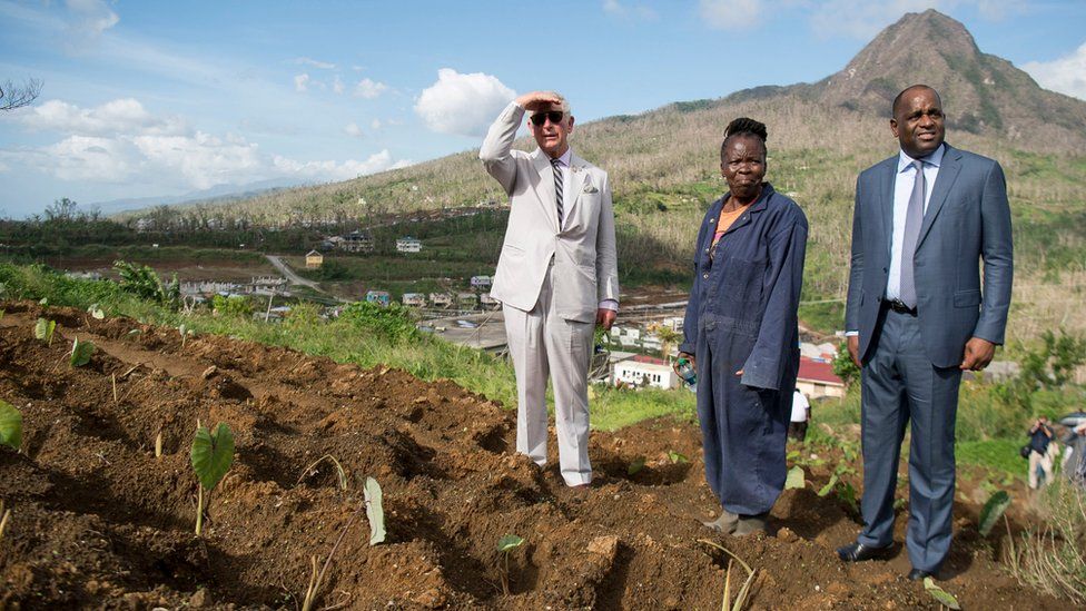 The Prince of Wales visits Bellevue Chopin Farm on Dominica during his tour of hurricane-ravaged Caribbean islands
