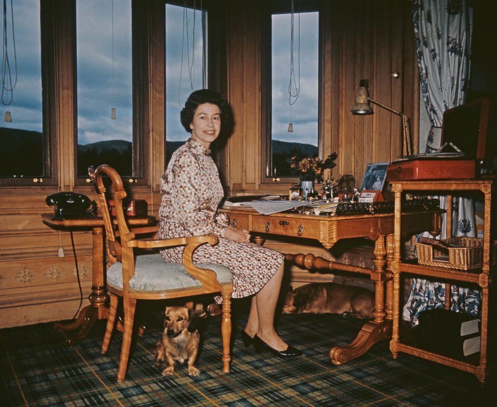 The Queen at the writing desk in her study at Balmoral in 1972