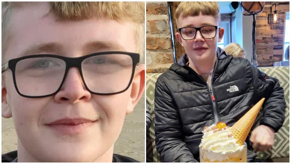 Two pictures of Myron, one up close and one with him sitting in a restaurant with an ice cream sundae on the table in front of him