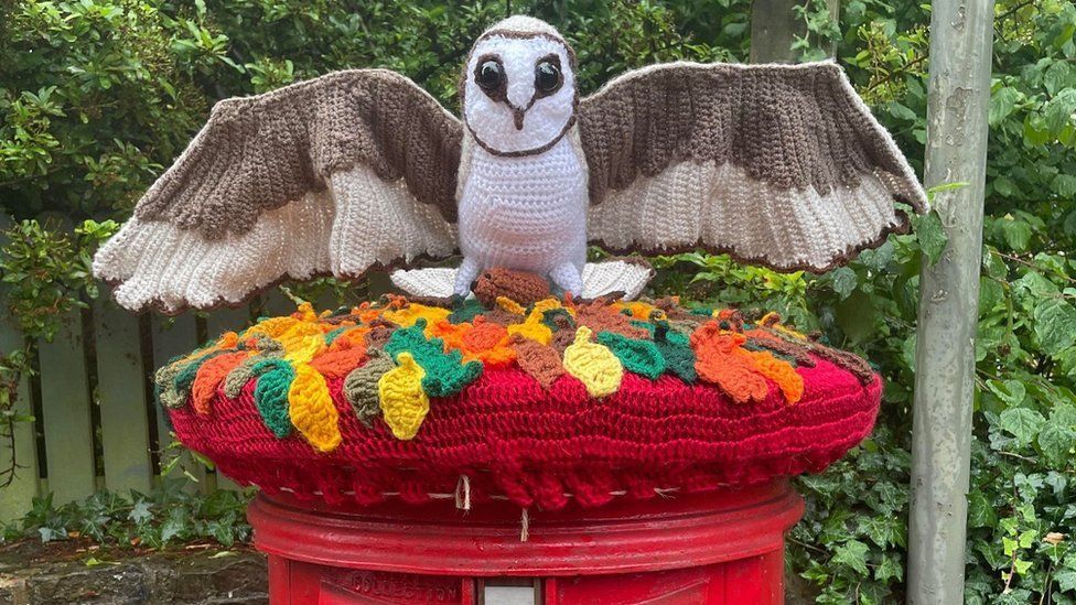 Crocheted owl postbox topper