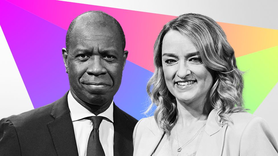 BBC presenters Clive Myrie and Laura Kuenssberg with a background of the BBC News general election branding