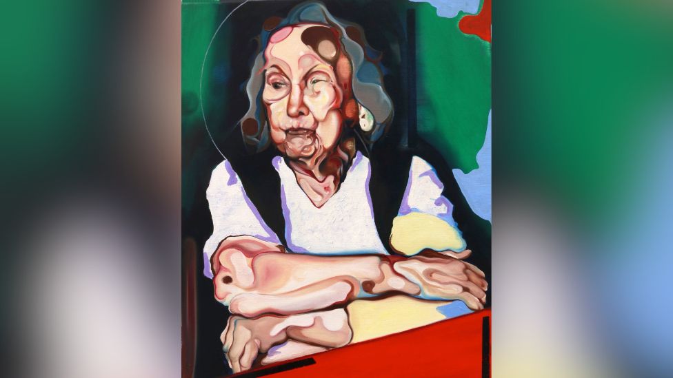 A fluid looking painting of an elderly woman with vibrant red and green colours 