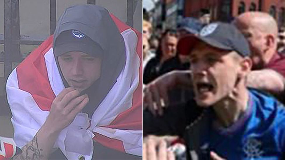 Images of a man wearing a Union Jack flag (left)  and same man in a Rangers FC shirt shouting