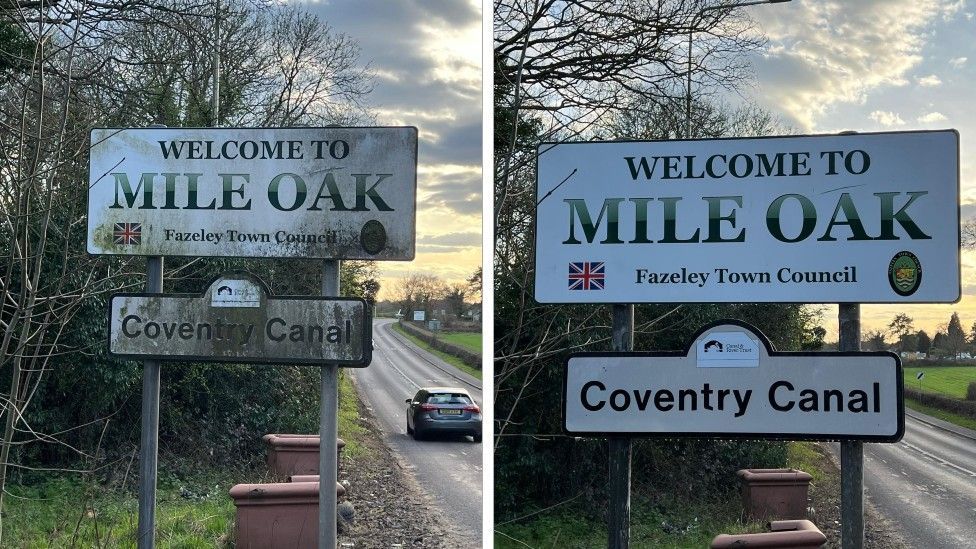 The dirty and clean Mile Oak sign