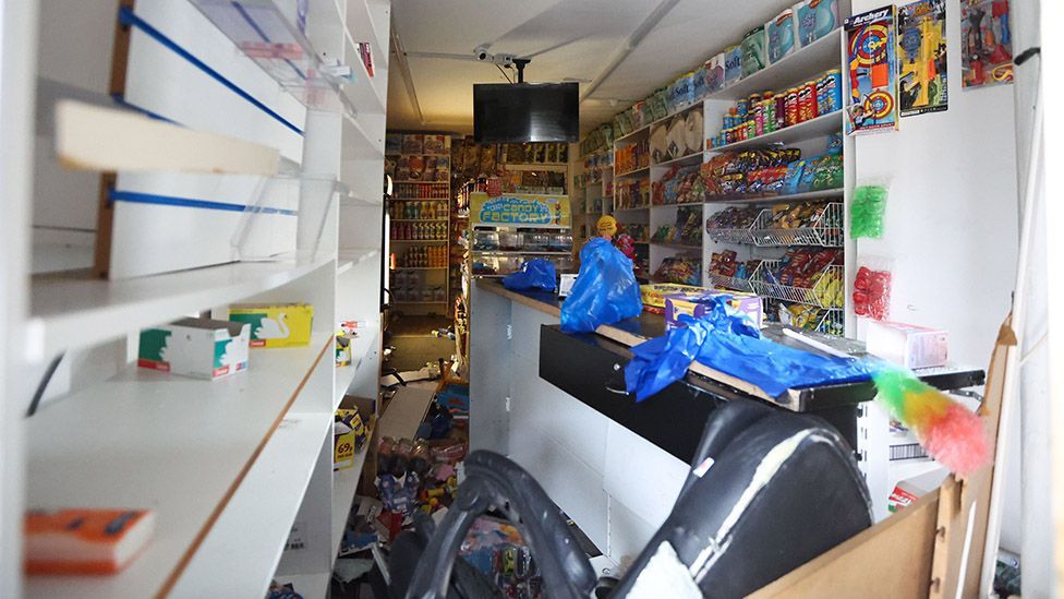 The interior of a tobacco and vape shop which was ransacked on County Road