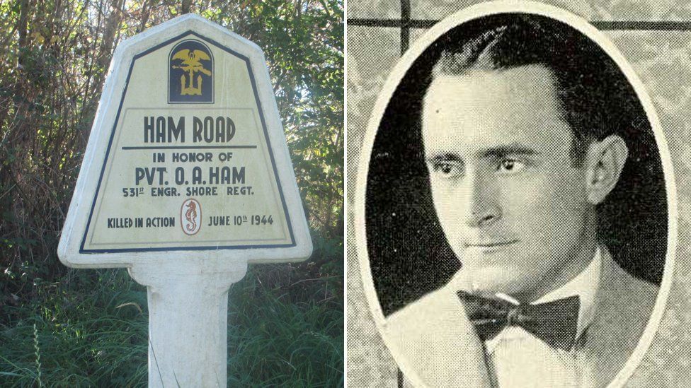 Otis Ham and a French road sign commemorating his death