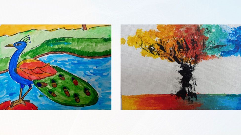 Two colourful artworks created by refugees, one showing a peacock and the other a vibrantly coloured tree