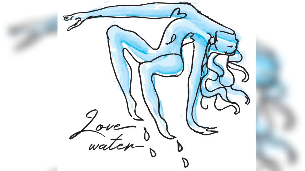 A drawn blue woman leaning back with the words “love water” written in calligraphy script