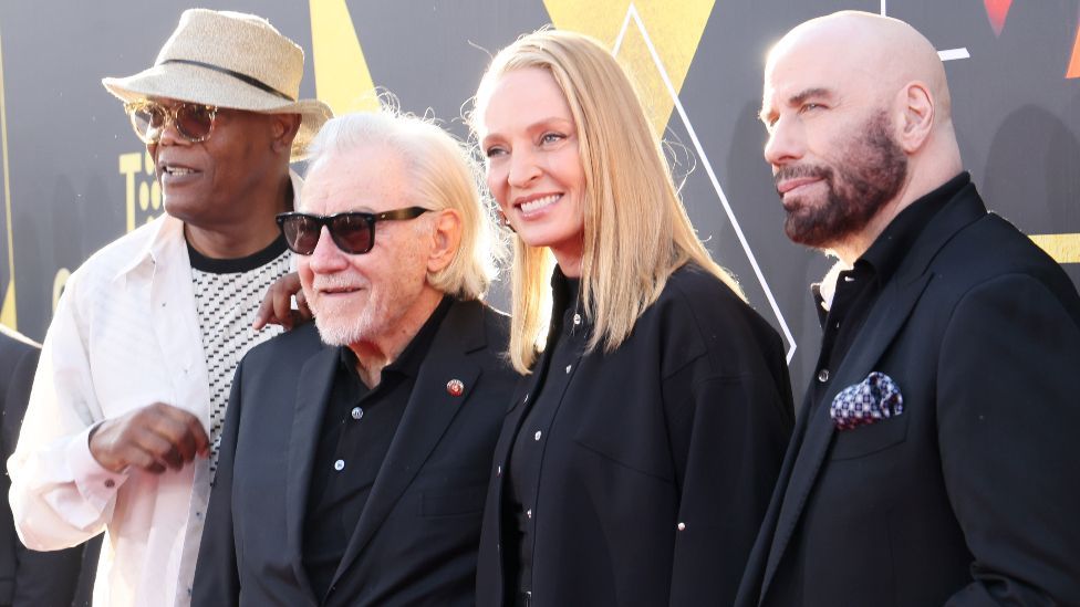 Cast members John Travolta, Uma Thurman, Samuel L. Jackson and Harvey Keitel attend a screening for the 30th anniversary of the movie "Pulp Fiction" in Los Angeles, California, U.S. April 18, 2024.