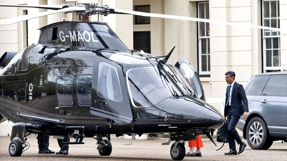 Prime Minister Rishi Sunak takes a helicopter to visit a pharmacy in Portsmouth today from Wellington barracks in May 2023