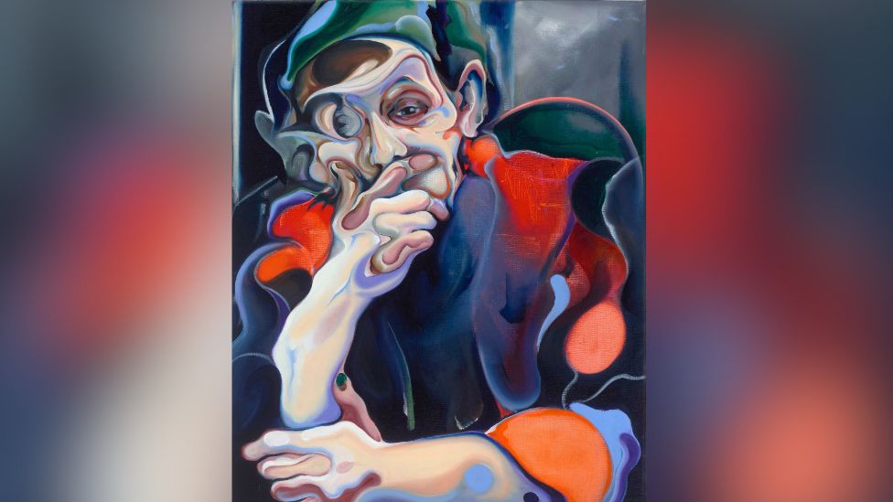 An abstract painting of a person with their hand under their chin 