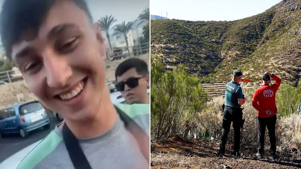 Jay Slater, wearing a grey t-shirt with a green stripe, and two members of a search team looking into a ravine in Tenerife