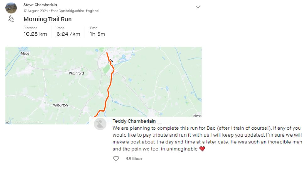 Map of Steve Chamberlain's final run along with a comment from his son vowing to complete it 