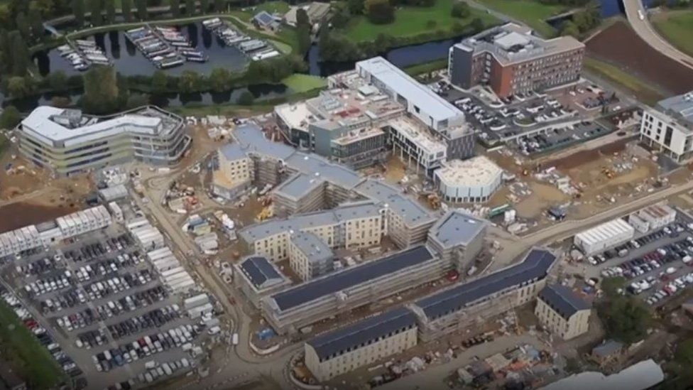 Drone shot of site of the Waterside Campus showing several modern buildings