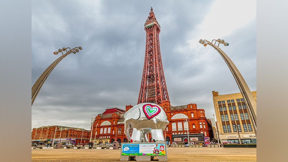 Mirrorball Elmer sculpture on Blackpool Promenade near the Tower