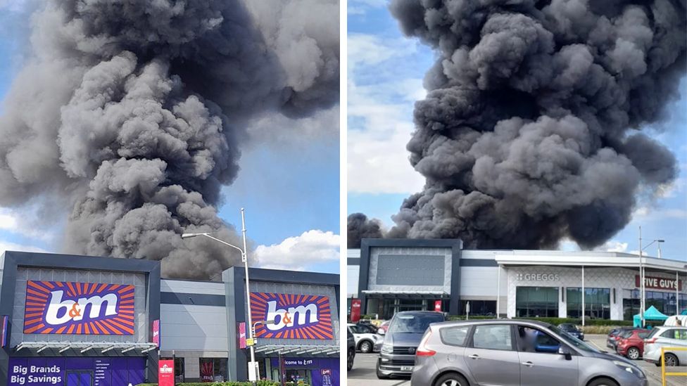 Two images: plumes of smoke behind a B&M store (left) and a Greggs and Five Guys (right)