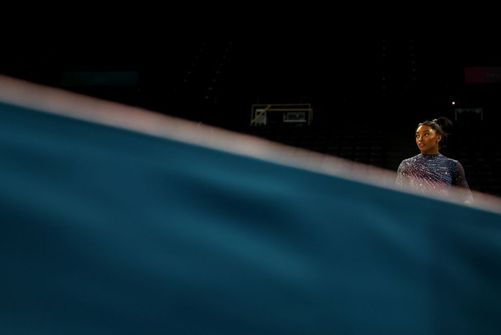 Simone Biles of United States during Podium Training at the Bercy Arena, Paris, France.  July 25, 2024. 