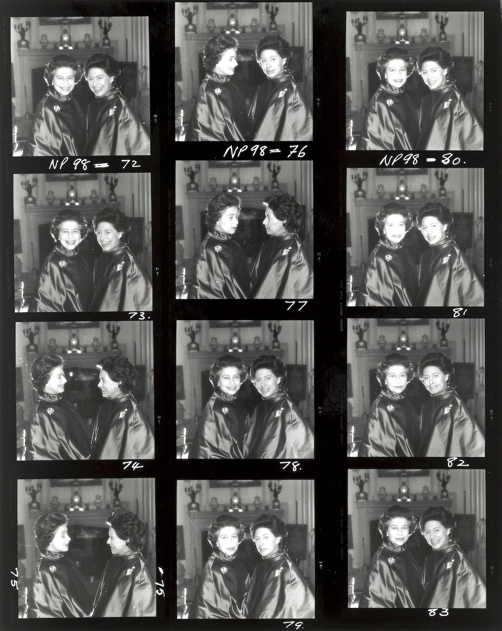 Photographic contact sheet showing candid shots of Queen Elizabeth II and Princess Margaret