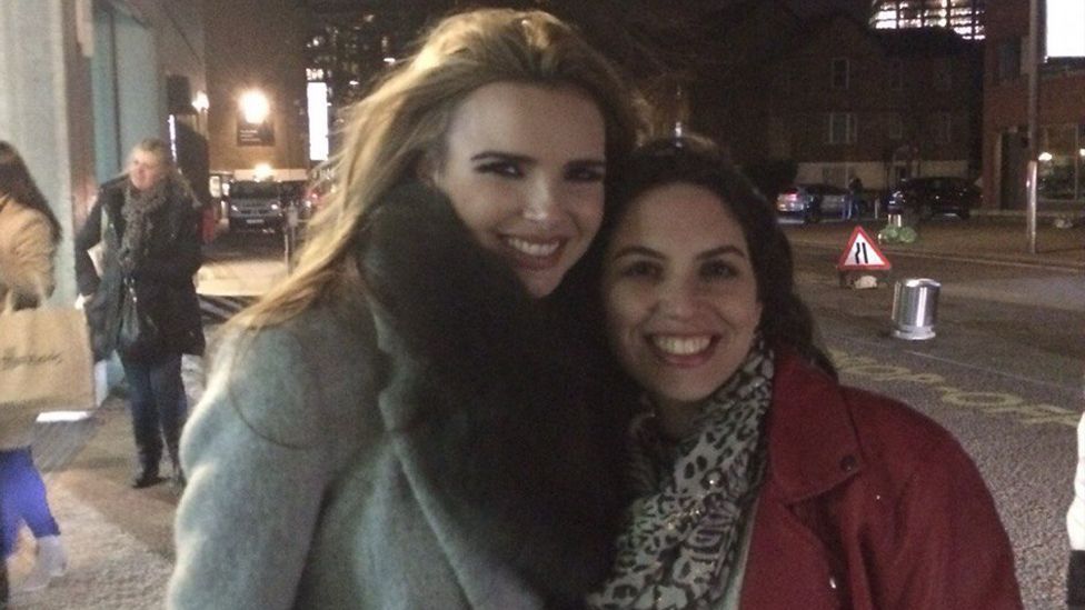 Carolina posing with Girls Aloud band member, Nadine Coyle