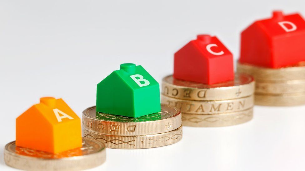 Council tax bands illustrated with houses from the game monopoly with the letters A B C and D each sitting on a higher stack of pound coins