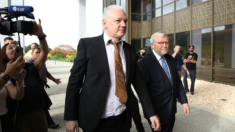 WikiLeaks founder Julian Assange is joined by Kevin Rudd, Australian Ambassador to the U.S. as he arrives to the United States Courthouse where he is expected to enter a guilty plea to an espionage charge ahead of his expected release on June 26, 2024 in Saipan, Northern Mariana Islands