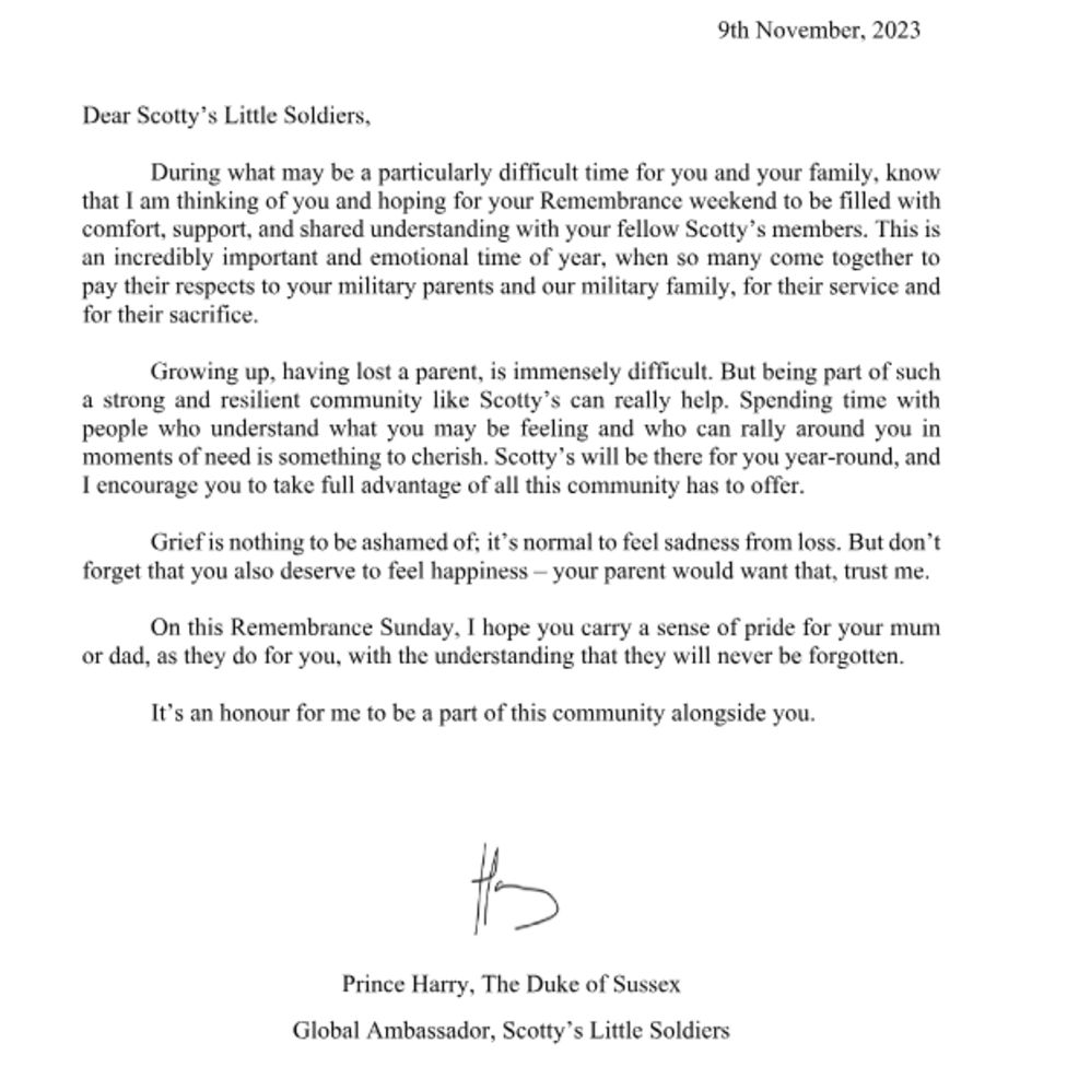 Prince Harry writes emotional letter for Scotty's Little Soldiers BBC
